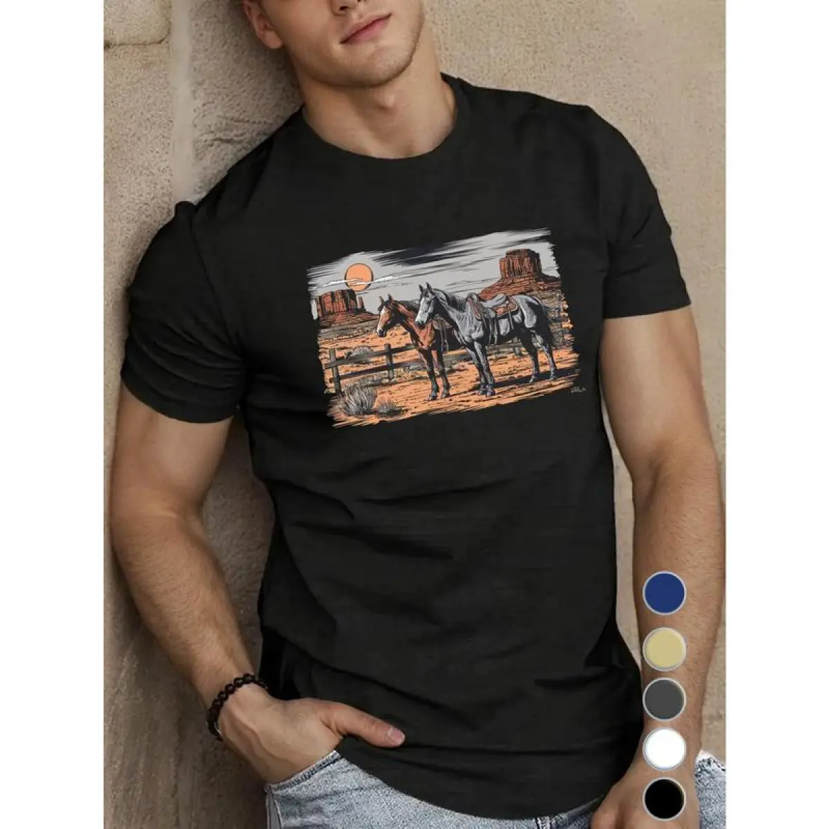 Men's Classic Western Horse Graphic T-Shirt - 100% Cotton Soft Fabric Short-Sleeve Casual Top, Summer Streetwear Tee, Tshirt, Shortsleeve
