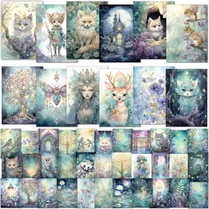 Fantasy Cat Theme DIY Greeting Card Set, Fun Party Cards, 44pcs (12cards+32stickers)  Animal Fairy Pattern DIY Card, Pastel Color Scrapbooking Supplies for DIY Craft, Creative Gifts for Friends, Custom Message Card