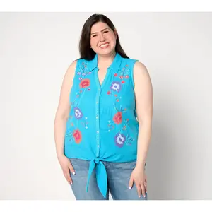 Susan Graver PASSPORT Embroidered Cotton Gauze Tie-Front Shirt