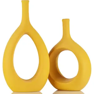 Yellow Ceramic Vase Set 2,Modern Hollow Circle with Hole Flower Vase for Home Decor,for Table Centerpieces,Farmhouse,Fire Place,Living Room,Bedroom,Office,Bookshelf,Rustic Decor