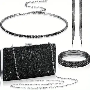 4 Pieces/set Women Rhinestone Evening Clutch Bag Earring Bridal Wedding Choker Bracelet Dangle Bling Glitter Purse