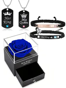 Couple Matching Bracelets Promise Bangle Set, Personalized Couple Necklaces with Soap Flower Gift Box, Valentine's Day Present, Couple Jewelry Set