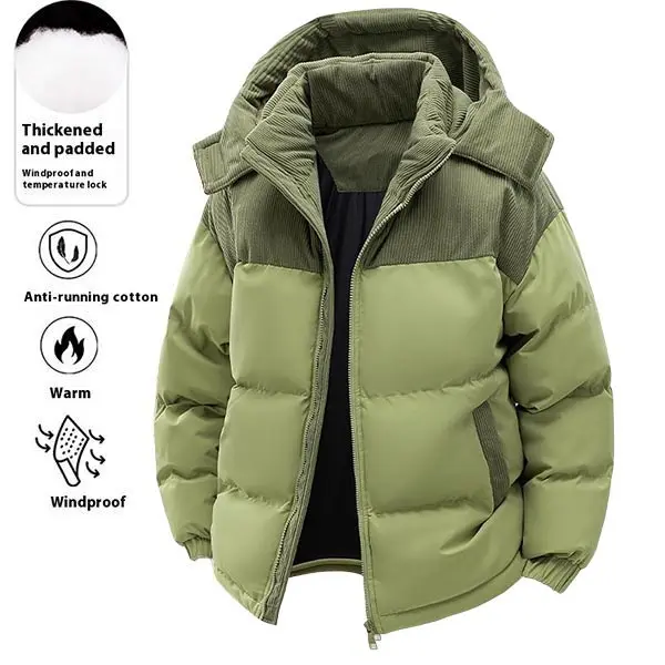 Men's Matching Color-Blocked Cotton Fleece-Lined Stylish Plain Jacket - Long-Sleeve, Pull-On, Removable Hood, Windproof, Casual, Machine Washable, Couple-Style, Avocado Green/Beige Warm Menswear Outerwear
