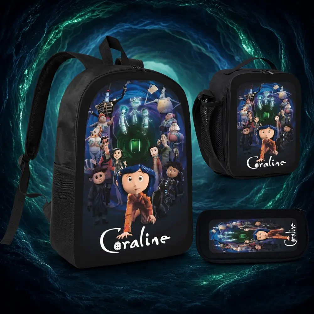 Coraline 3-Piece Backpack Set, 17-Inch Teen Student Oxford Rucksack with Lunch Bag & Pencil Case, Mystical Full-Character Collage Print, Dark Fantasy Theme Gift for Animation Movie Fans