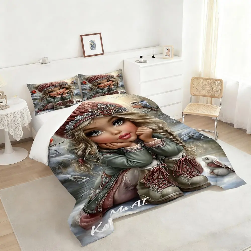 2/3Pcs Whimsical Winter Wonderland Comforter Set, Charming Girl with Scenic Nature Print Bedding Set, Cozy Soft Quilt for Kids and Teens Bedroom Decor, Perfect for Seasonal Bedroom Makeover 1 or 2 Pillowcase No Pillow Core