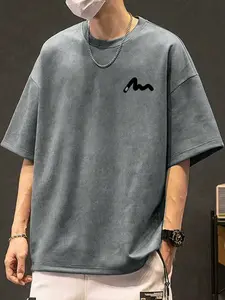 Men's Oversized T-Shirt, Casual Loose Fit Short Sleeve Top, Simple Wave Print, Street Style Suede Texture, Basic Shirt, Streetwear
