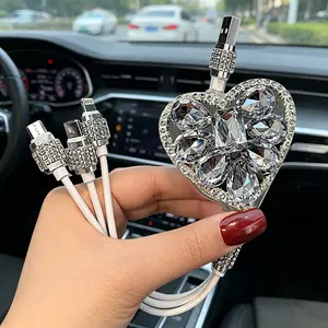 Cute Bling Charger Cable 3-in-1 Heart Crystal Sparkly Girly Aesthetic Car Decoration Phone Accessory Viral TikTok Gift for Women