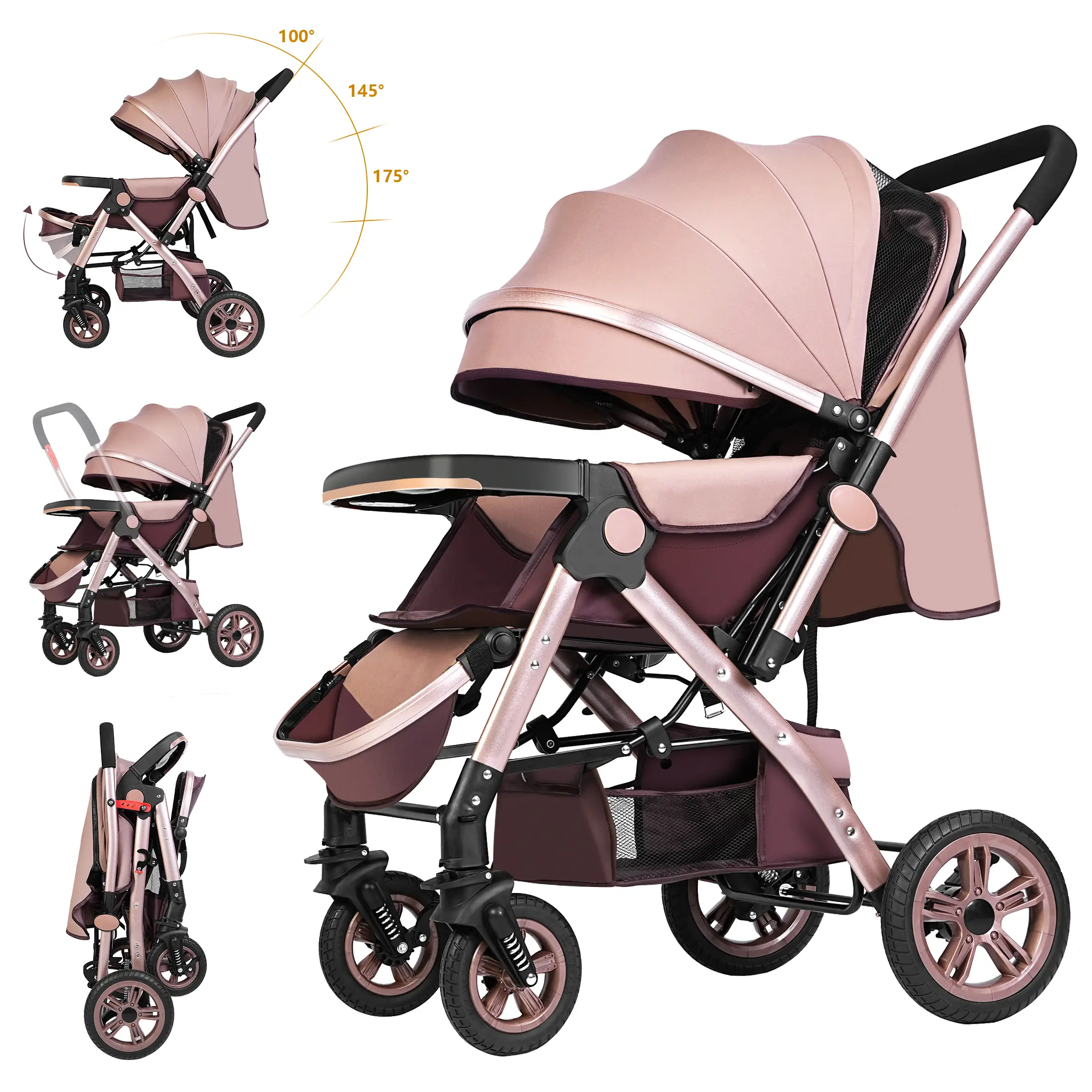 Baby Stroller Wagon, 3-in-1 convertible newborn bass stroller and adjustable backrest and awning, baby wagon 0-3 years old, khaki