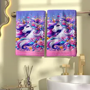 Colorful unicorn wreath patterned bathroom hand towel, soft polyester fiber, machine washable, rectangular, suitable for beach parties.