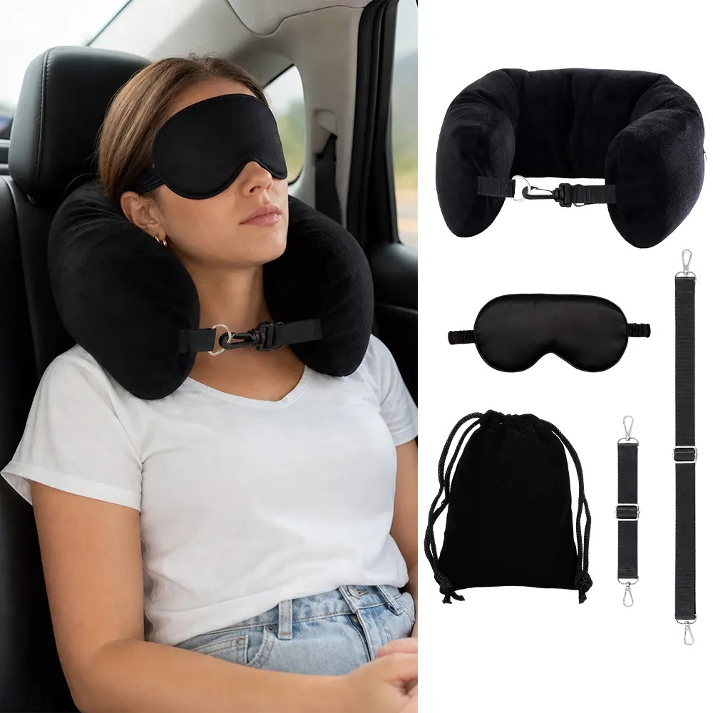 1Set Stuffable Travel Neck Pillow with Light-Blocking Sleep Mask, Packable Velvet Cover with Zipper, Fill with Clothes for Space-Saving Luggage Storage