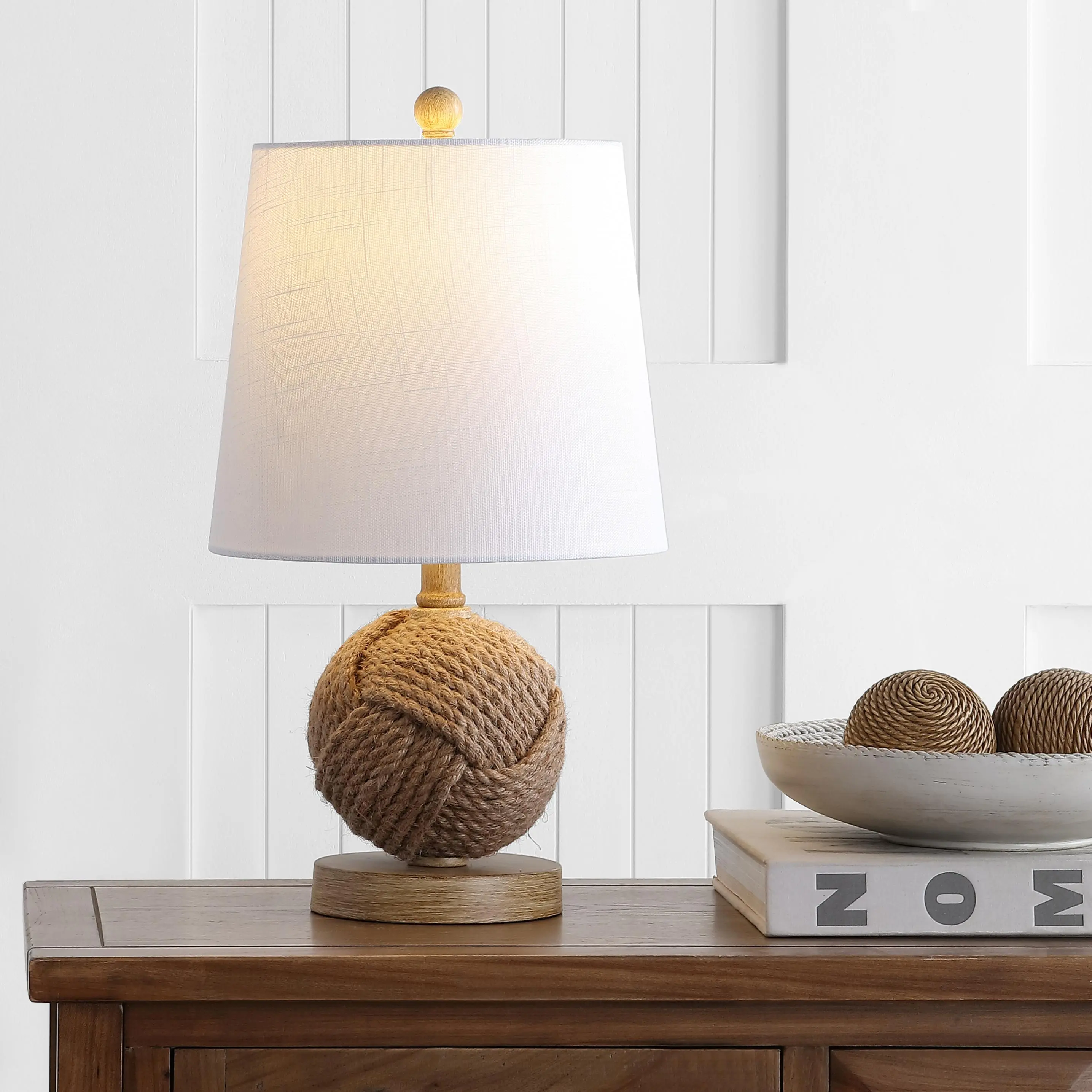 JONATHAN Y Monkey Fist 18" Rope Metal Ball LED Table Lamp | Coastal Nautical Accent Light, White Linen Drum Shade, In-Line Switch, Bulb Included