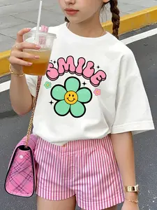 White Oversized "SMILE" Retro Smiley Flower Graphic Tee - 2026 Trending Sweet Girl Streetwear, Soft Cotton Fabric Perfect for Family Outings & Daily Looks