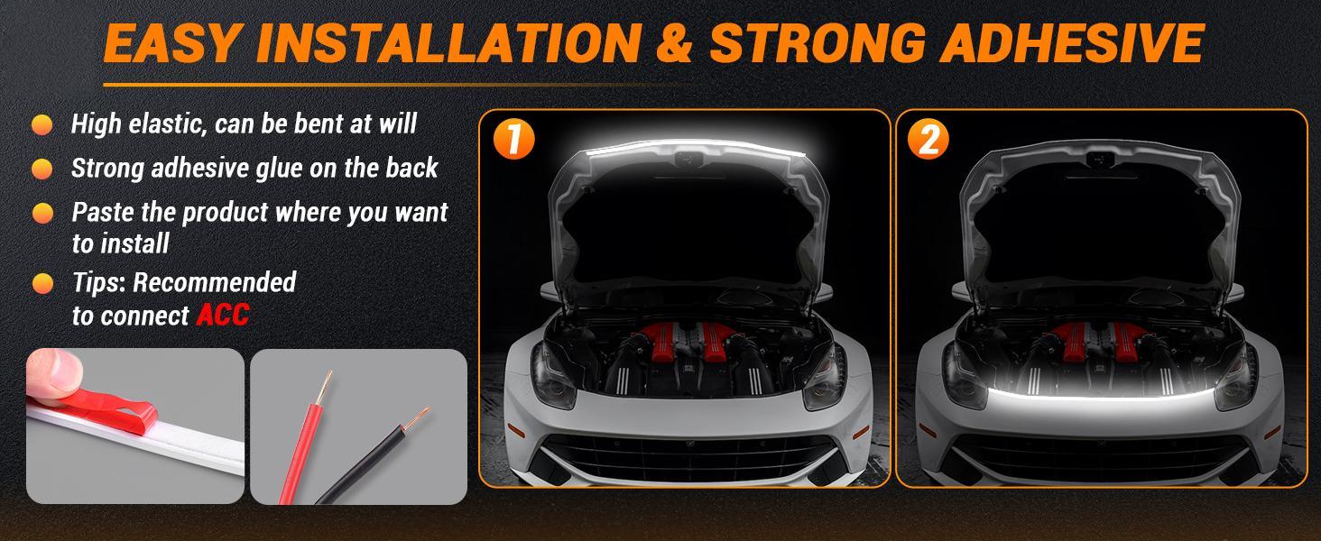 DIBMS LED Light Kit (for hood and spoiler), includes: 71-inch LED light bar with dynamic scan activation for day/night hood running lights / carbon fiber LED taillights, Turn signal LED taillights, Brake/daytime running light accent lights.