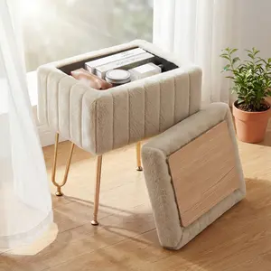 Storage Vanity Stool, Rectangular Ottoman Footrest with 4 Metal Legs, Dressing Table Chair with Anti-Slip Feet, Multifunctional Makeup Seat for Bedroom & Makeup Room