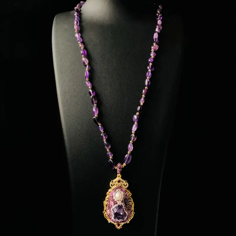 Royal-Style Crystal Pendant Long Necklace - Natural Amethyst (August Birthstone), Pearl Accent, Purple Chain, Unisex Adults' Costume Jewelry, Valentine's Day Gift Occasion, Holiday Accessory, Campus-Friendly Daily Wear, Long Necklaces, August-Birthstones
