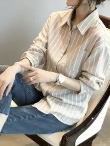 Oversized Striped Button-Down Shirts for Women | Light Linen Blend Lightweight Long Sleeve Casual Blouse | Loose Fit Daily Office Wear | Single Piece | Beige & White Striped Style