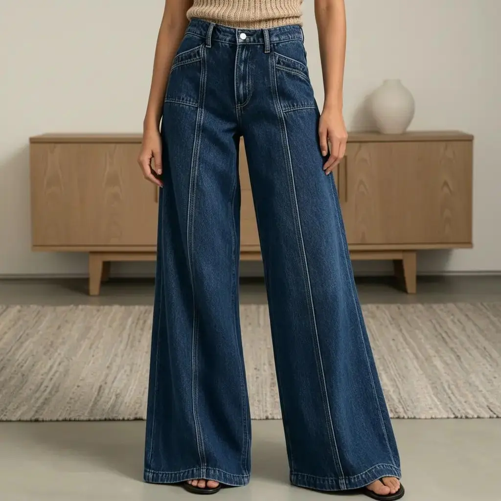 Women's Vintage Solid Color Wide Leg Loose Wash Denim Jeans, Women's Bottoms for Party, Casual Wear