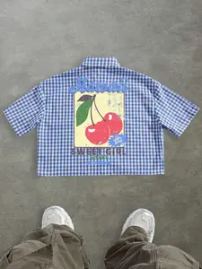 Men's Cherry Print Short Sleeve Gingham Shirt, Regular Fit Casual Retro Style Collared Button Top for Summer, Fashion Men's Top for Daily Wear, Menswear, Casual Style Graphic