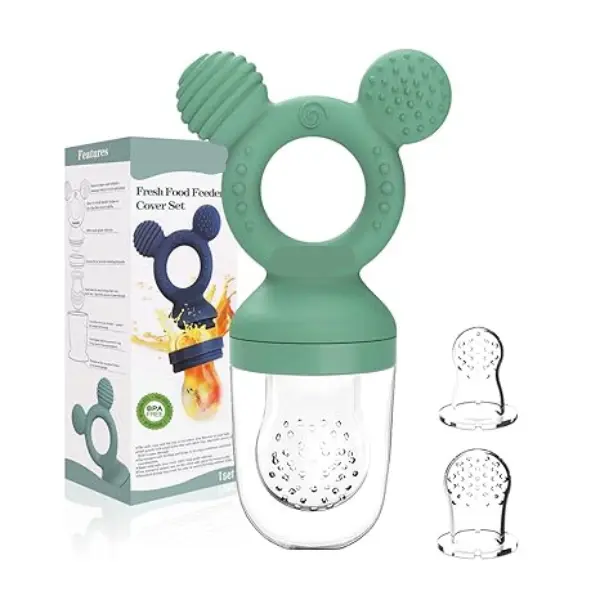 Baby Fruit Feeder for Infants, Silicone Teething Feeder Pacifier with 3 Extra Teats, Frozen Teether for Babies, BPA Free Baby Food Feeder for Fresh Fruit, Vegetables & Breast Milk, Infant Feeding Essentials (Grass Green)