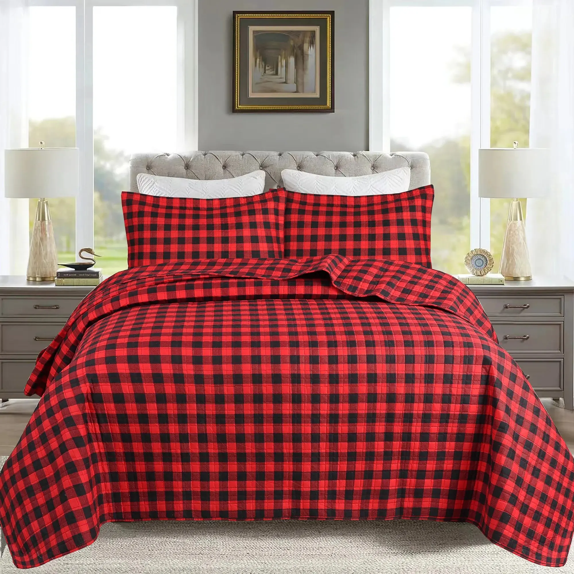 3 Pcs Polyester Red & Black Buffalo Plaid Gingham Quilted Bedspread Set - Rustic Cabin Decor, Wrinkle Resistant, Classic Checkered Bedding with Pillow Shams, Lightweight All-Season Farmhouse Quilt for Queen/King Beds