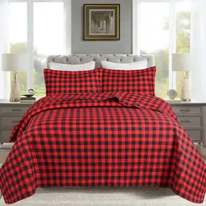 3 Pcs Red & Black Buffalo Plaid Quilted Bedspread Set, Classic Checkered Bedding with Pillow Shams, Lightweight All Season Farmhouse Quilt for Queen/King Size Bed