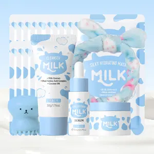Laikou 5pc/20pcs/25pcs Milk Skincare Set， Cleanser 1.77oz   Essence 0.57oz   Moisturizer 0.88oz   Mask 17.65oz (25gx20pcs)   Headband  Cleansing brush