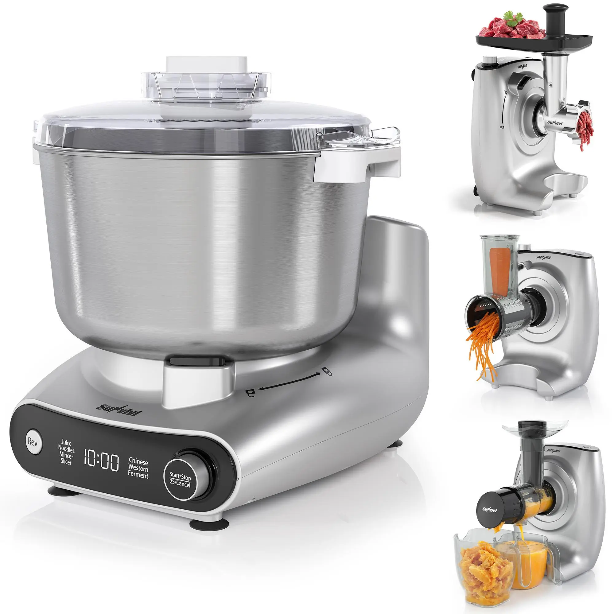 Sunvivi 4-in-1 Multifunction Stand Mixer - 5.3QT Electric Mixer for Chinese & Western Dough, Fermentation, Slow Juicer, Meat Grinder, Salad Maker, LED Display, Knob Control, Stainless Steel Kitchen Tools, Household Appliances, Kitchen Organization
