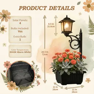 Solar Lamp Post Light - 2in 1 Outdoor Flower Pot for Real Or Fake Flowers (Not Included). Glass Lampshade, Glass Bulb 20LM, Wall Mount IP44 Decorative Outdoor Floor Lamps, Easy Assembly for Lawn, Patio, Front/ Back Door