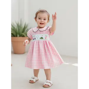 Toddler Baby Girl Golf Dress with Rickrack Trim & Puff Sleeves - Smocked Seersucker A-Line Sundress, Golf Cart Embroidery & Doll Collar, Pink & White Plaid 1st Birthday Summer Outfit, Festive Toddler Clothing, Smocked Embroidery, Comfortabl