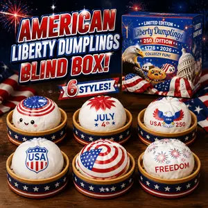 Patriotic dumpling stress relief toy, USA themed blind box, colorful steamed bun stress ball with steamer basket, anxiety-relieving fidget toy, adult soft squishy gift, party favor, desk ornament