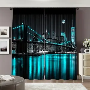 City Night Scene Print Curtains Set, Fashionable Rod Pocket Window Drapes for Bedroom & Living Room, Comfortable Atmosphere, Easy Installation