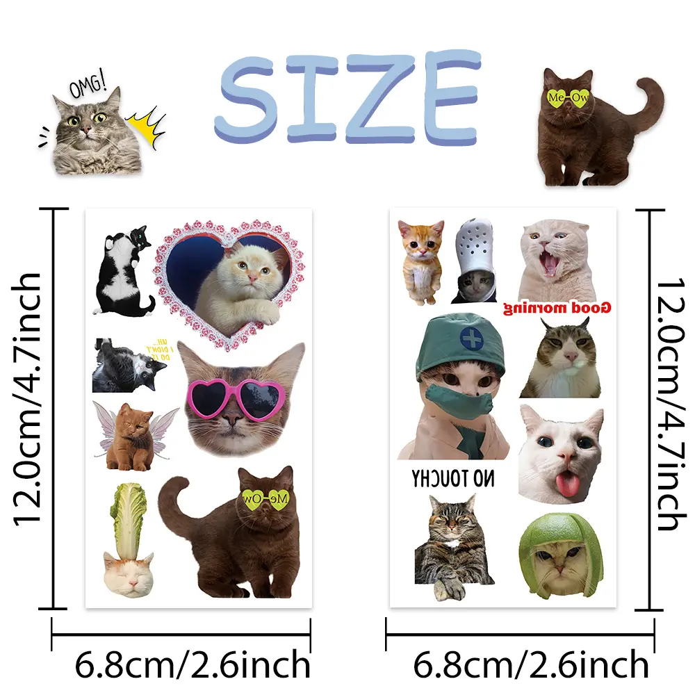 10-Pack Cute Cat Meme Temporary Fake Tattoos - Funny Realistic Fake Cat Face & Body Stickers, Waterproof PVC Matte Reusable, Party Favors for Kids, Pet Lover Gifts, Classroom Rewards Goodie Bag Fillers, Realistic Fake Tattoos