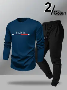 Men's Paris Stripe 2-Piece Tracksuit, Urban Minimalist French Lifestyle Set, Athletic Activewear Tracksuits