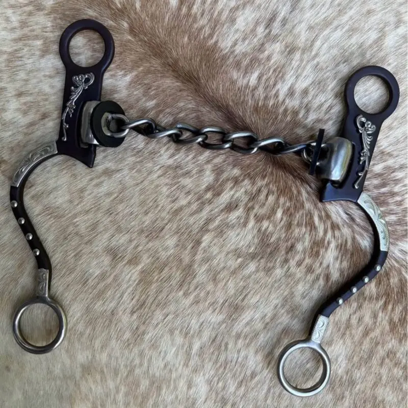 Antiqued Brown Steel 5” Chain Link Mouth Engraved Silver Horse Bit Tack