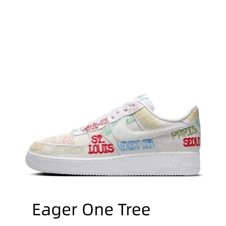 Cream leather street casual sports sneakers covered with multi-hue world city embroidery, front air vents, soft shock footbed and flexible white rubber outsole, suitable for all daily casual looks.