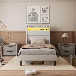 【Christmas Gift】Twin Size Bed Frame with Headboard Upholstered Platform Bed with Charging Station and LED Lights Sturdy Wooden Slats Support Bed Frame Easy Assembly No Box Spring Needed Beige