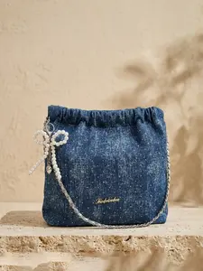 1pc Ladies' sparkling diamond denim drawstring crossbody bag, sweet and cool Y2K style, with pearl bow details, suitable for dating, leisure travel and daily use