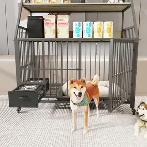 Large Pet Cage with Storage Rack, Drawers with Stainless Steel Food and Water Basins, Double-layer Storage Rack Made of Iron Frame and MDF Material, Sturdy, Exquisite, and Practical (black+beige)