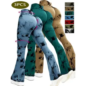 3pcs High-Waist Tie-Dye Flared Yoga Pants for Women - Stretchy & Supportive Wide Leg Running Sports Leggings, Non-See-Through, Knit Fabric, Available in Red, Olive Green, Blue-Green Camouflage Patterns(Sheets)