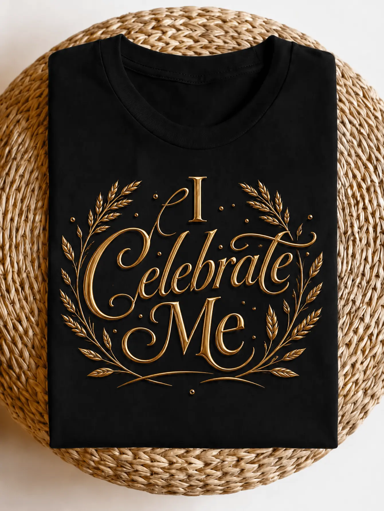 Men's Classic Casual Elegant Thin Short-Sleeve "I Celebrate Me" Golden Wheat Wreath Luxury Letter Unisex Crewneck T-Shirt Tops Fabric Menswear