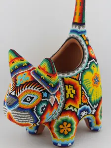 Handmade Handcrafted Wixarica Huichol Kitty Cat Colorful Planter