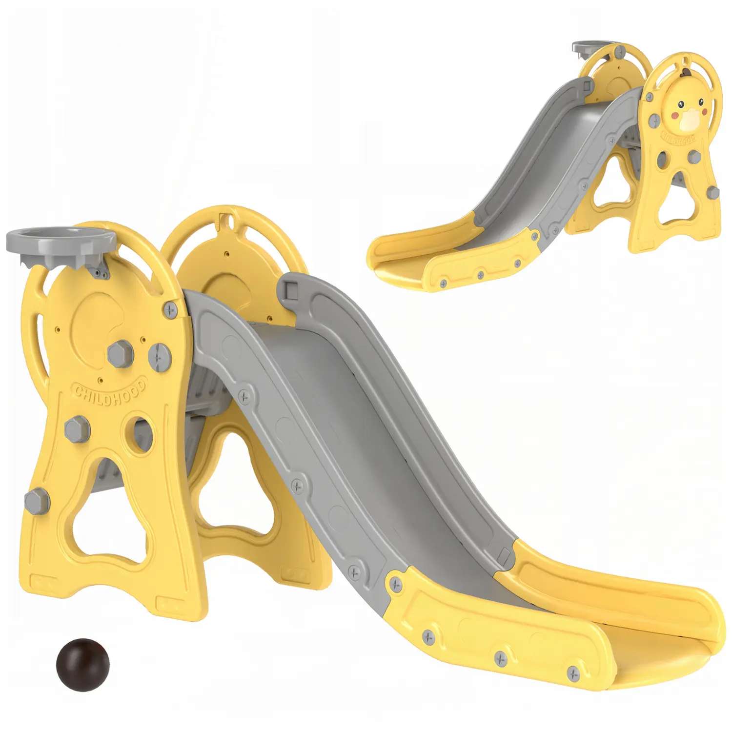 Qaba 3 in 1 Toddler Slide, Indoor Slide with Basketball Hoop, Climber, Duck Pattern, for Kids Ages 1-3 Years, Yellow