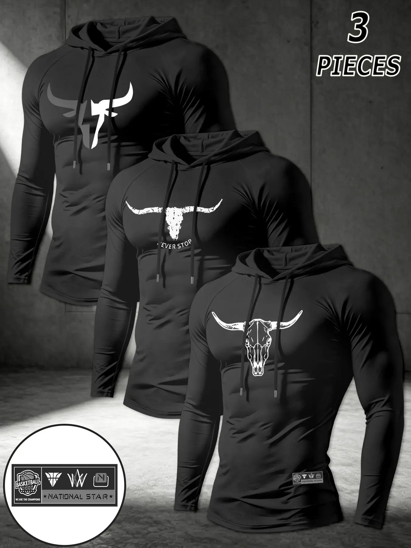 Men's 3-Piece Set, Western Style Bull Skull Print Hooded Long Sleeve, Casual Sporty Design Sportswear Outfit, Perfect Gift for Friends or Self