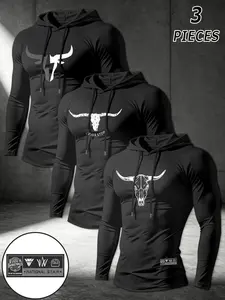 Men's 3-Piece Set, Western Style Bull Skull Print Hooded Long Sleeve, Casual Sportswear, Perfect Gift for Friends or Self