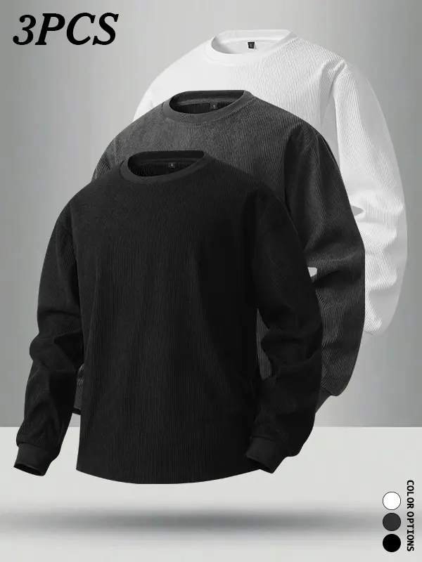 Men’s three-piece set: corduroy crewneck sweatshirts for spring/autumn, featuring reinforced collar edges that won’t irritate the neck skin; unisex, available in multiple colors, suitable for both work and casual settings.