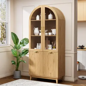 71" Tall Arched Pantry Cabinet, Kitchen Pantry with Glass Doors & Fluted Doors, Wood Storage Cabinet with Adjustable Shelf, Versatile Cupboard for Kitchen, Living Room