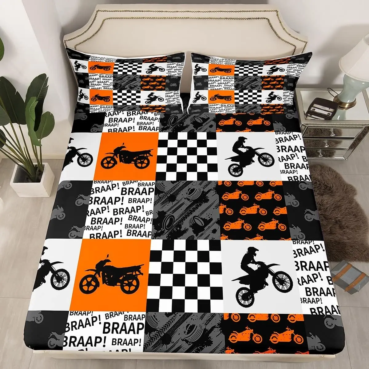 Dirt Bike Fitted Sheet Racing Motorcross Rider Bedding Set Black Grey Orange Plaid Patchwork Deep Pocket Sheet Men Room Decor Fashion Modern Bed Sheet
