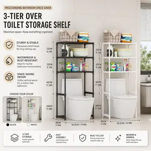 1pcs 3-Tier Over The Toilet Storage Shelf, Metal Over Toilet Bathroom Organizer with Dividers, Freestanding Bathroom Space Saver Rack with Adjustable Shelf & Feet, Space-Saving, Freestanding Above Over Toilet Storage Shelf（View assembly video）