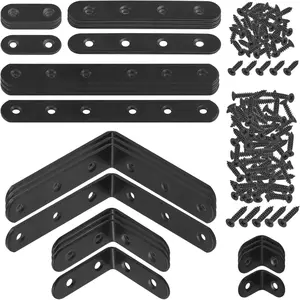 24 Sets Black Corner L Brackets and Straight Mending Assortment Kit with Screws for Wood Shelf Chair Cabinet Furniture (20/50/100mm,40/100/160mm)