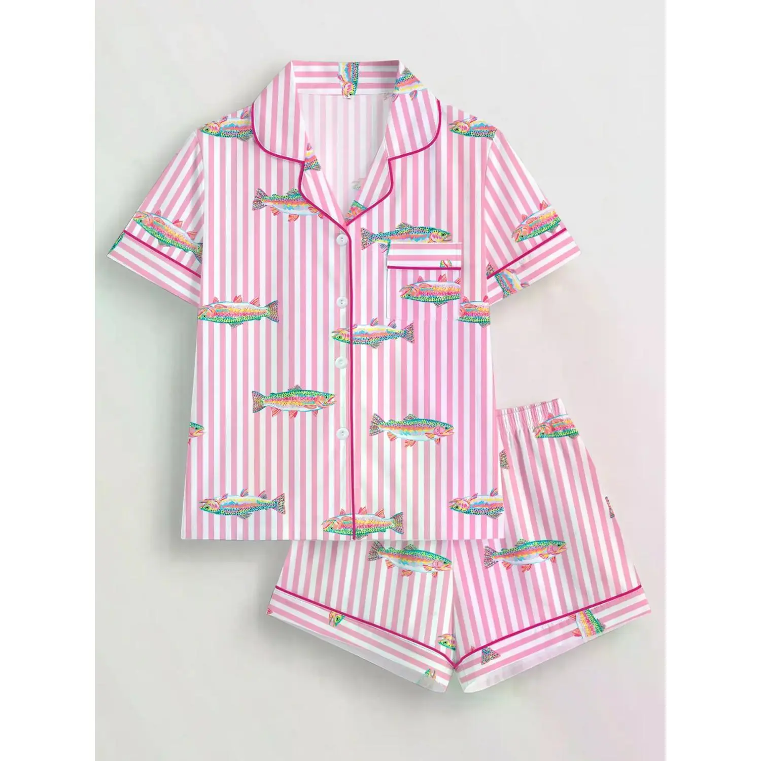 Women's Striped Fish Print Pajama Set - Short Sleeve Button-Up Top and Elastic Waist Shorts, Comfortable Casual Sleepwear